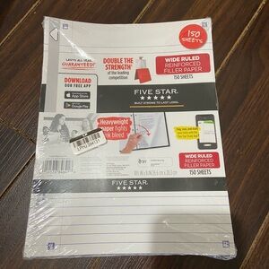 Five Star Reinforced Filler Paper Wide Ruled 10 1/2 x 8" 150 Sheets